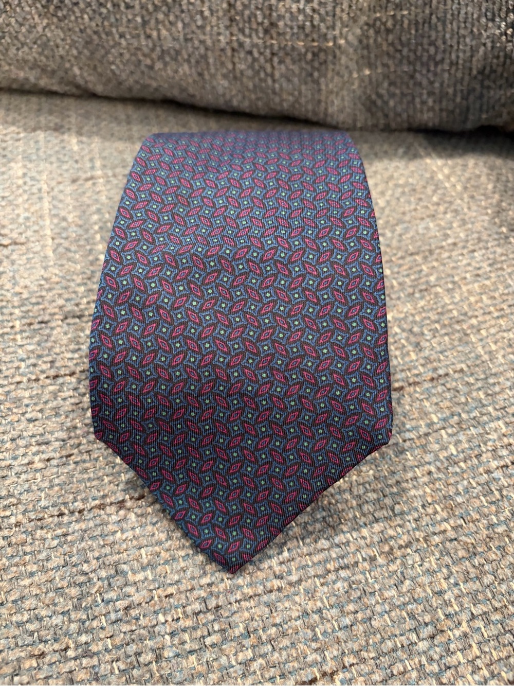 Perry Ellis Navy Tie with Purple and Green Geometric Motif